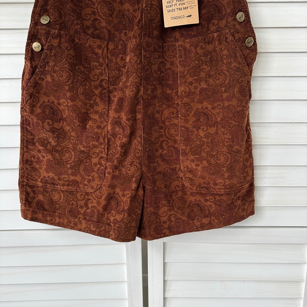 New Toad&Co Scouter Cord Shorterall Paisley Print Brown Organic Cotton Size S - Picture 3 of 10